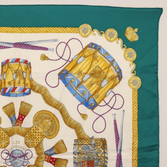 HERMES Carre 90 Scarf ""LES TAMBOURS"" Silk Green Auth hk3098 - Picture 7 of 8
